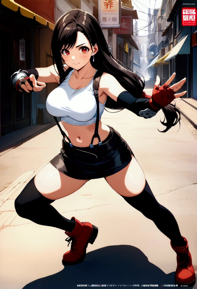 score_9, score_8_up, score_7_up,(best quality,masterpiece),ultra detailed,(aesthetic,very aesthetic),highly detailed),megami_magazine,official art,1girl, tifa lockhart, final fantasy, tareme,black hair, low-tied long hair, red eyes, bangs, white tank top, belt, pleated skirt, thighhighs, elbow fingerless gloves, elbow pads, midriff, navel,suspender skirt . ,(large_breasts:1.2),(perky breasts;1,2),(light smile),panties shot,,Solo,,(daytime and beachside and city),,professional lighting,cinematic lighting,fullbody,fighting pose,fighting stance,