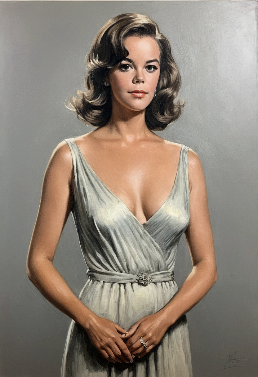 A delicate, 3D oil painting portrays, a nude beautiful Natalie Wood look, medium firm breasts, standing bare feet without background, her features rendered in subtle shading and precise lines. The framing is tight, focusing attention on the subject's serene face. Soft, feathery strokes convey the gentle texture of her hair,