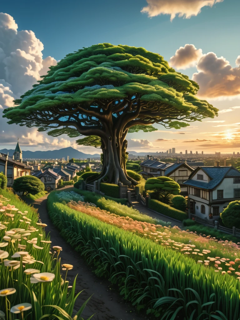 outdoor in the golden hour
Background Ghibli style village,
(fujifilm 16k) ,hyperrealistic, intricate detail, autolevel, dark, art nouveau, dramatic, desaturated, (expansive), intricate (Absurdres, Cinematic, UHD, higher, ultra detailed, ultra detailed), blue sky, cloud in the sky, green field, city, (big tree on the midle), sunset, ultra detailed city, ultra detailed flower field, ultra detailed tree