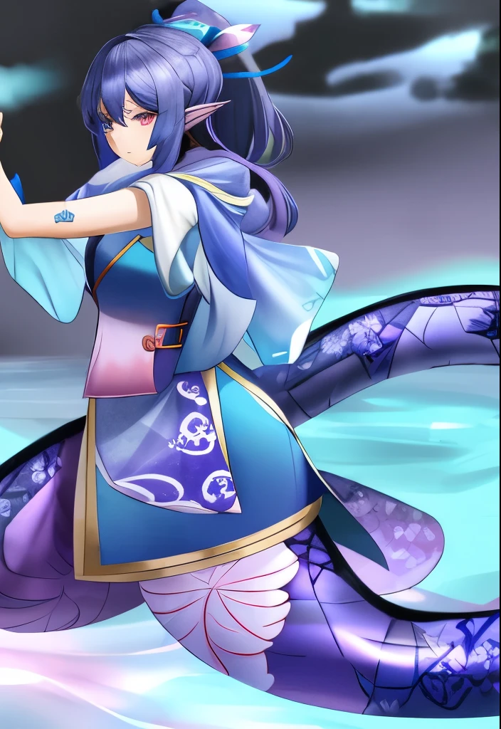 Lamia samurai with dark  blue hair pink eyes and deep blue and purple  water patterned scales in a aqua colored outfit