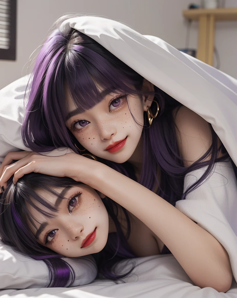1 Girl, 19 years old, south korean, 4k, masterpiece, realistic, long whavy black hair with bangs, purple inner color hair, shining purple pupils, shining red lips, freckles, red eyeliners, golden hoop earings, naked, covered by a purple blanket, freckles, big smug smile, head laying on hand, laying in bed, closed mouth, bright colors, blurry background, portrait, face focus, birds eye view.