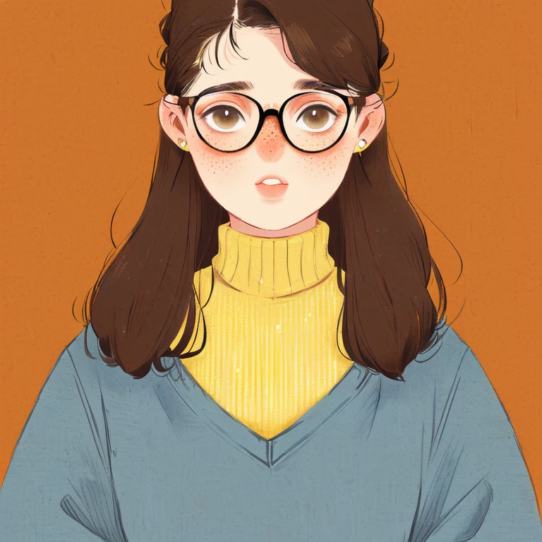 Chubby girl glasses, nerd holding a book, hair up, neat,  facing left , freckles, ugly, brown hair, yellow sweater turtleneck
