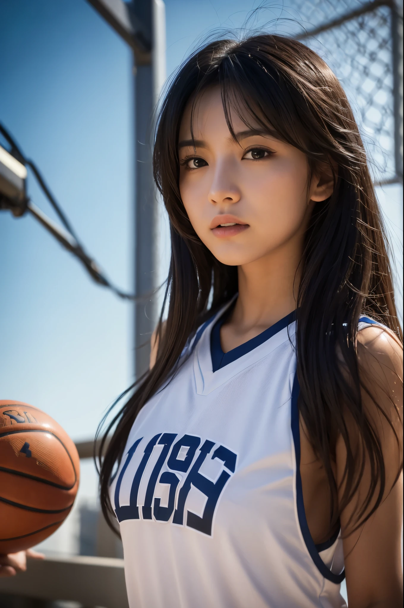 (8k, Highest quality, masterpiece:1.2), (Realistic, photo-Realistic:1.37), Very detailed,Highest quality, Ultra-high resolution, Professional Lighting, Photon Mapping, Radio City, Physically Based Rendering, Cinema Lighting, Basketball court,Depth of written boundary, Sharp focus,Sunbeam, Good composition,(Bokeh:1.2) One girl,alone,(whole body), (Mouth closed),Beautiful attention to detail, Pause, Tight waist,Basketball Uniforms, Black Hair,Messy Hair,Long hair blowing in the wind,(Urzan-6500:1.2), Mix 4, Hello