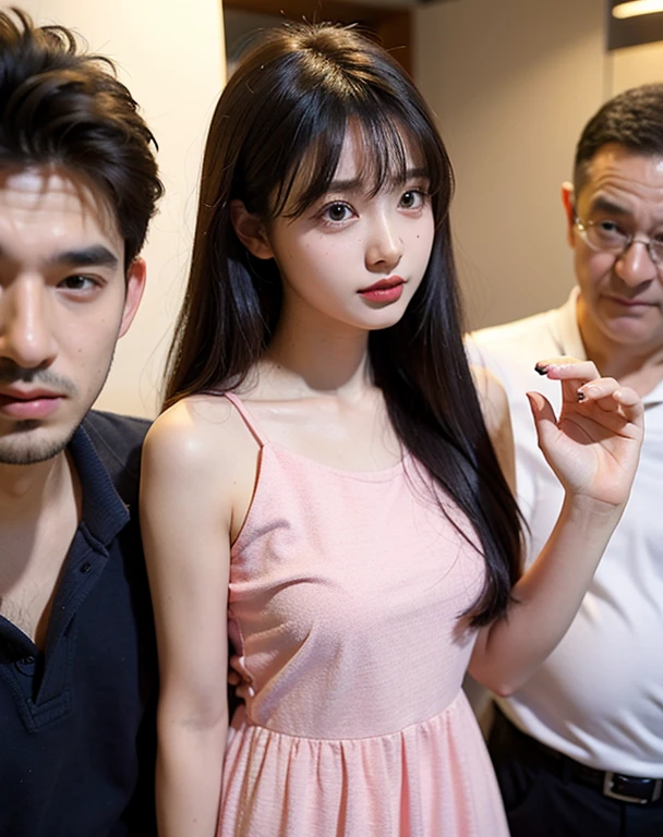 girl, indigo hair long hair with bangs, cute, have messy hair, wearing mini pink dress, with black man professor her bf