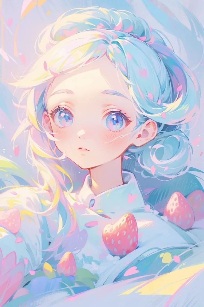 (pastel:1.2)、、High Ponytail_Fusion with strawberry、barefoot、free、Bright colors、(The background is a strawberry motif_Crystal of snow、Fractal Art)、masterpiece、Highest quality、Super Beautiful Portrait