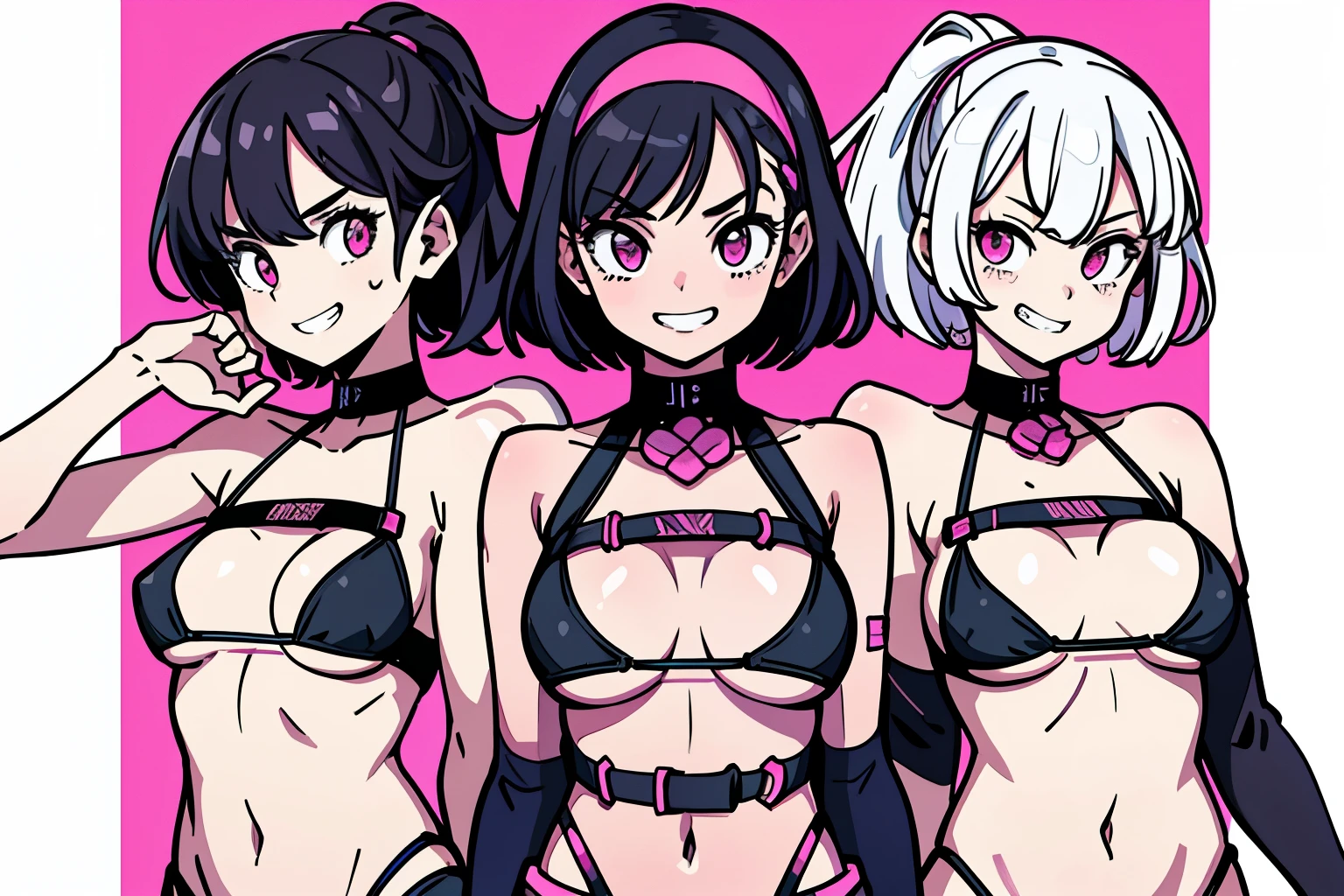 best quality, masterpiece, 3 girls, grin, fluorescent pink and black bikini, medium breast, underboob, solid white background