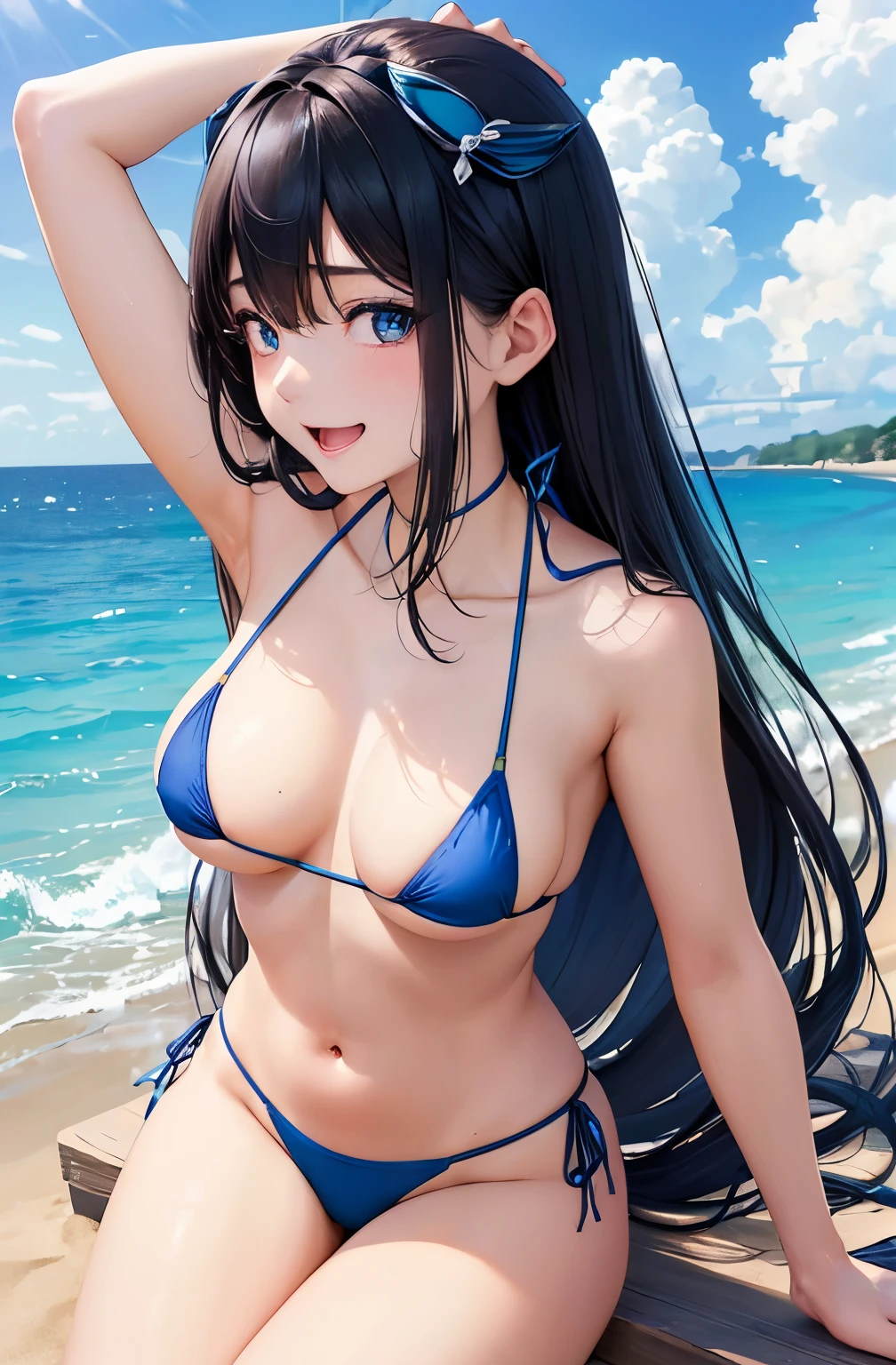 ((Highest quality)), ((masterpiece)), (detailed), High resolution, 非常にdetailedな, 非常にdetailedな CG ユニティ 8k 壁紙, Genuine, photoGenuineistic, Beautiful Faces, detailedな顔. Pale skin, Genuineistic shining skin. detailedな生地の質感, detailedな髪の質感. (Eyes with attention to beautiful detailed: 1.5), (Small hands), ((Perfect hands)). Slim legs, Leg details. ((Perfect Anatomy)). Perfect lighting. break A girl,Age 25 (detailedな黒髪:1.2). (shiny hair:1.2), (Medium Hair:1.2), (Half-laugh:1.6) (Iris:1.2). (thin:1.1), (Large Breasts:1.6), (Big Ass:1.2), (Fluffy thighs:1.1), (Blue micro bikini:1.8), break ((seductive pose)), Background Beach,
