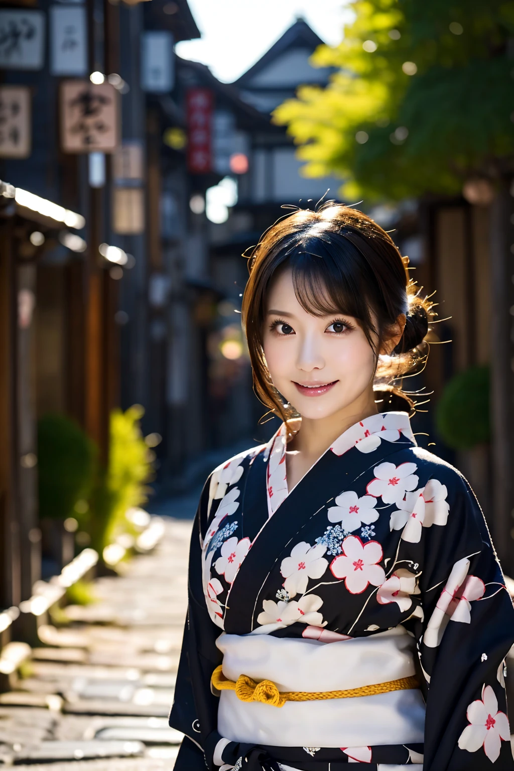 fully body photo、Backlight of sunset、Smiling、profile、looking distantly、Colorful hydrangea on background、Surrounded by hydrangeas、The soft sunset is shining on it, ​masterpiece, top-quality, Raw foto, Photorealsitic, faces, beautiful a girl, Perfect figure:1.4、Black-haired、Wearing yukata、Yukata is red, hight resolution, ultra-detailliert, finely detail, ighly detailed, Cinematic lighting