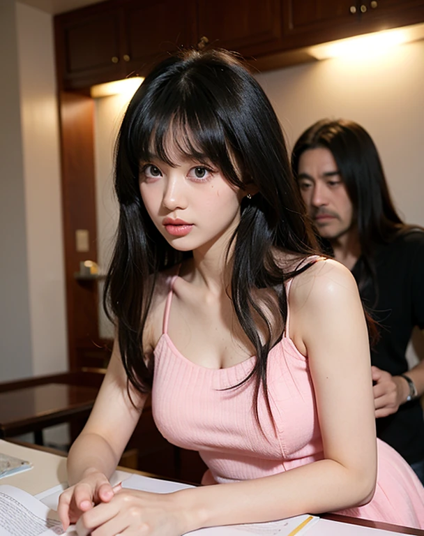 girl, black hair long hair with bangs, cute, have messy hair, wearing mini pink dress, with black man professor her bf