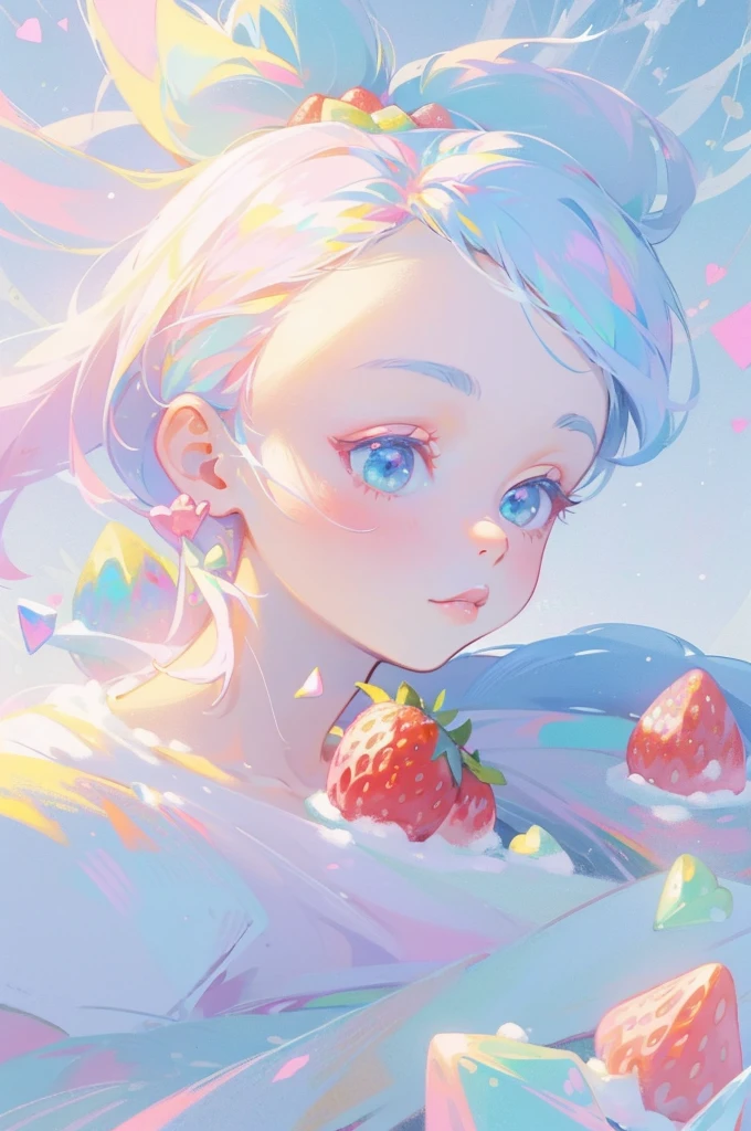 (pastel:1.2)、、High Ponytail_Fusion with strawberry、barefoot、free、Bright colors、(The background is a strawberry motif_Crystal of snow、Fractal Art)、masterpiece、Highest quality、Super Beautiful Portrait