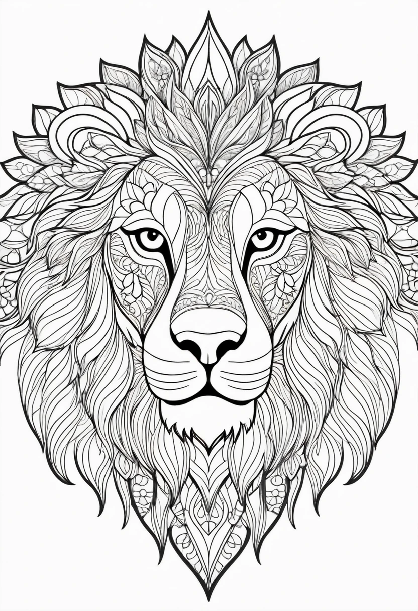 Impressive black and white line art coloring page designed for adults with white background, Majestic lion drawn in mandala style. The lions are decorated with intricate patterns, including flowers and geometric shapes., A fascinating and detailed work of art. The figure focuses on crisp, Clean lines and bold outlines, No shading or color, Allowing users to bring their own unique vibrancy to their creations. Minimalist design, Thick lines and lack of background detail, Calm your mind、We create engaging coloring experiences for adults looking for creative activity.. figure