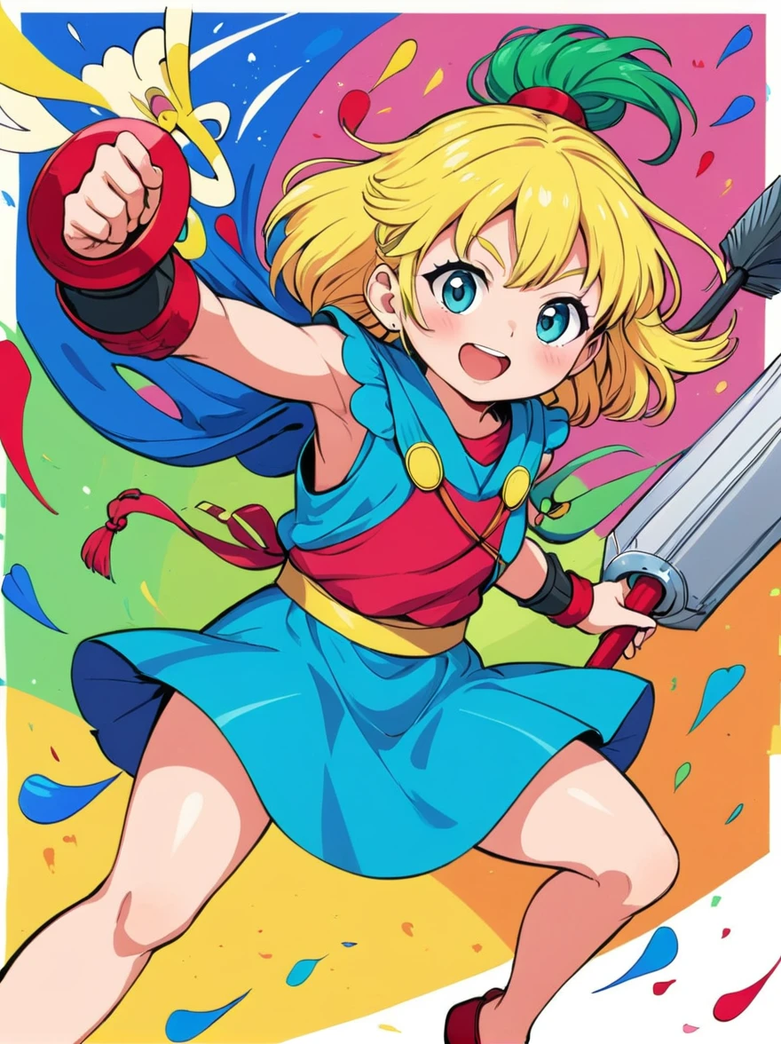 Create a digital painting that portrays a brave warrior, symbolizing the battle of health. Use bold and vibrant colors to enhance the whimsical and vivacious feel, typical of children's design. The warrior should be seen in dynamic poses, drawing inspiration from comic books. The painting should embody the essence of perseverance and strength with energetic brushstrokes. Remember to capture the child-friendly design and translate it into the language of a brave warrior fighting their battle, thus making health an accessible concept to the young.