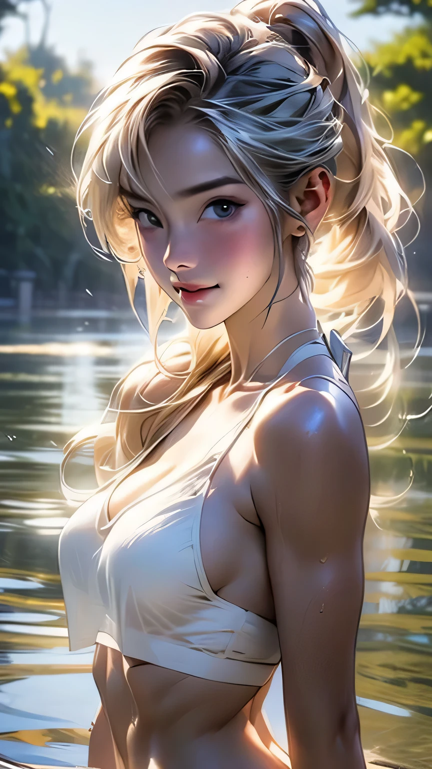 One girl, high school girl、(((White bikini set))), Summer clothes、Wet and transparent、(ponytail)、I can see your belly、cute, wonderful, Beautiful attention to detail, Iris, (Blonde Hair), In detail, Depth of written boundary, Highly detailed CG, original, Highly detailed wallpaper, View your viewers, Detailed face, Cleavage, (Big Tits, Hard nipples)､Toned Abs, White skin, Realistic、(Cinema Lighting)、Detail emphasis, Beautiful lighting、((White bikini set))), Wet and transparent, ((In the park after the rain))､Summer sunset､Realistic park､masterpiece, 最high quality, high quality, High resolution､ ((smile)),  smileで､(Face close-up))), Face close-up､Random pose､(Blonde Hair),
