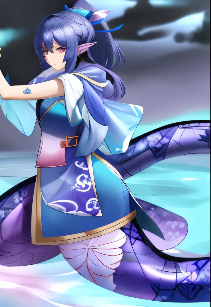 Lamia samurai with dark  blue hair pink eyes and deep blue and purple  water patterned scales in a aqua colored outfit