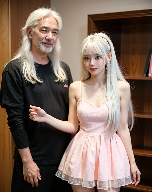 girl, white hair long hair with bangs, cute, have messy hair, wearing mini pink dress, with black man professor her bf