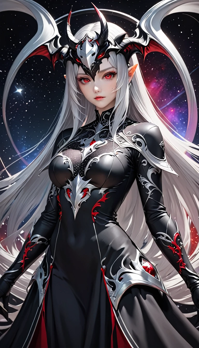 female demon with a black base, a silver mask with red eyes that covers the entire head, a beautiful form, long straight silver hair, and a long, flowing black dress, background galaxy, octagram, shading effects, gradation magic effects, (ultra detailed, absolutely resolution, best quality:1.3), 2.5D, delicate and dynamic, artistic photography, hyper realistic, graphic CG digital art