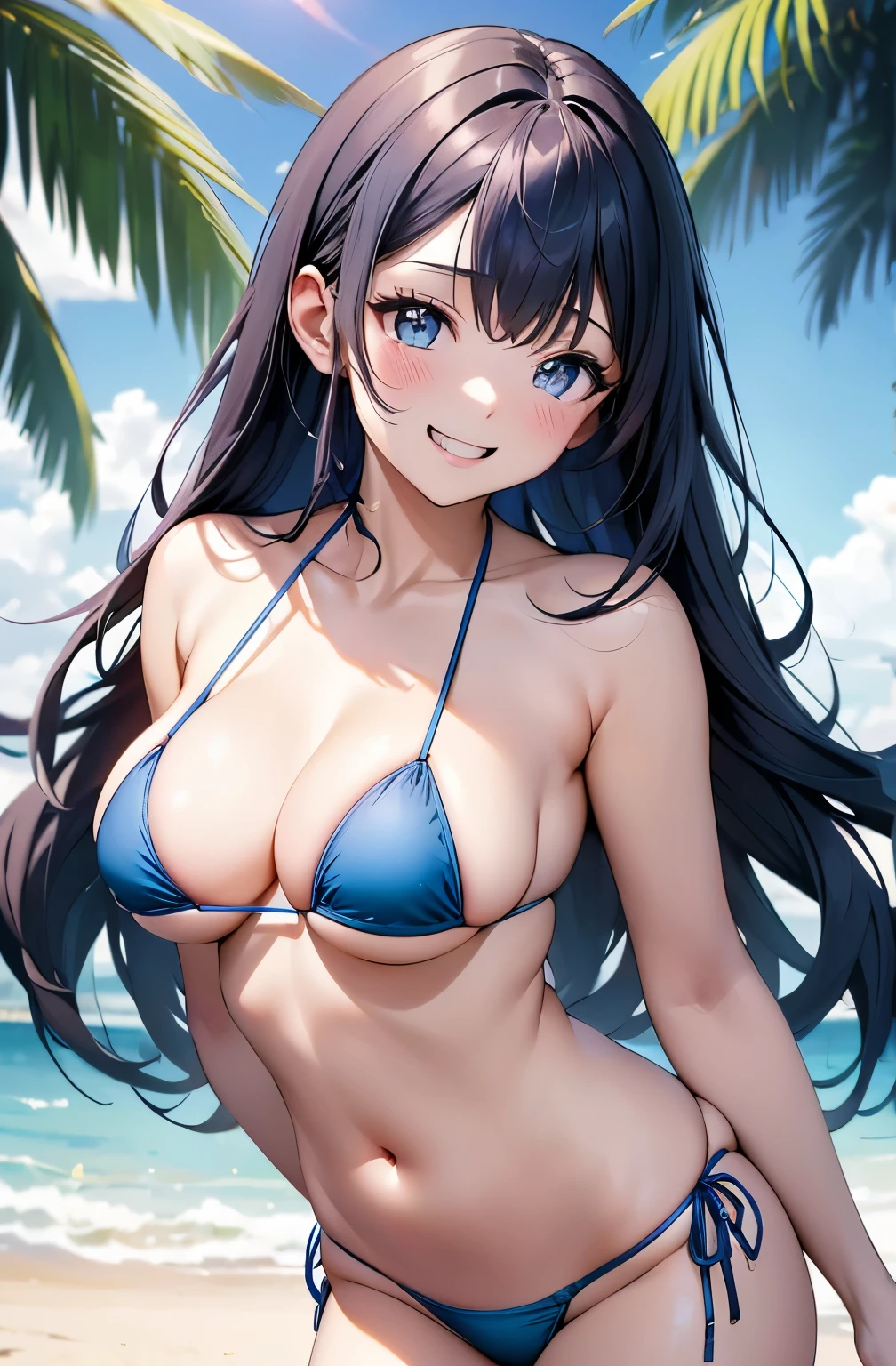((Highest quality)), ((masterpiece)), (detailed), High resolution, 非常にdetailedな, 非常にdetailedな CG ユニティ 8k 壁紙, Genuine, photoGenuineistic, Beautiful Faces, detailedな顔. Pale skin, Genuineistic shining skin. detailedな生地の質感, detailedな髪の質感. (Eyes with attention to beautiful detailed: 1.5), (Small hands), ((Perfect hands)). Slim legs, Leg details. ((Perfect Anatomy)). Perfect lighting. break A girl,Age 25 (detailedな黒髪:1.2). (shiny hair:1.2), (Medium Hair:1.2), (Half-laugh:1.6) (Iris:1.2). (thin:1.1), (Large Breasts:1.6), (Big Ass:1.2), (Fluffy thighs:1.1), (Blue micro bikini:1.8), break ((seductive pose)), Background Beach,