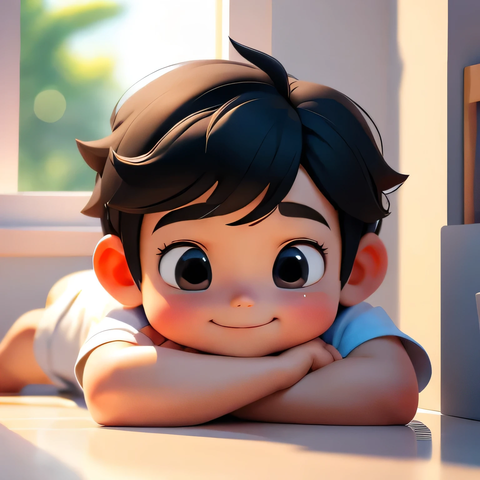 Cute 3D rendering style,Tide play style， boy lying on the windowsill，front，Wearing a white T-shirt，Black hair，Black eyes，Wear shoes，Happy expression，8K quality，high quality，Soften Tone，Repair face and hands