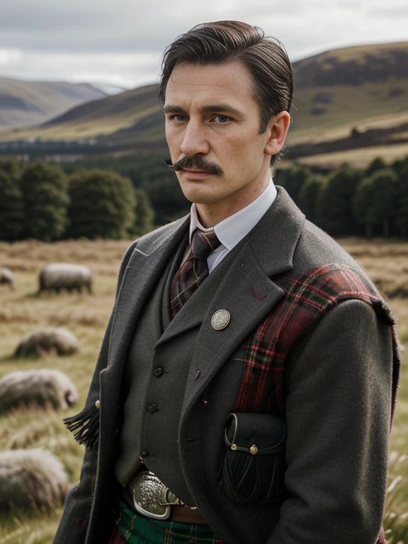 Next 007, Scott-land-yard, MI-6 member, Front view, (looking at viewer:1.3), Scottish man, 24  years-old, (black hair , brown eye,  buzz cut, mustache, serious),A beautiful Scottish man wearing traditional Highland dress, including a tartan kilt and accessories like a sporran and sash, standing in a picturesque Scottish landscape. The scene should highlight the elegance and cultural richness of Scottish heritage, ((super detail, high details, high quality, accurate, anatomically correct, textured skin, beautiful fingers super detail, high details, high quality, best quality))