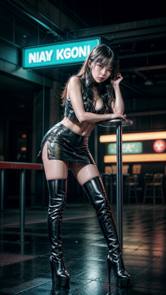 ((masterpiece, best quality, Highest image quality, high resolution, Reality, RAW photos, 8K)), Kneel down, A wet woman waiting for guests in front of the hotel, Over the knee stiletto platform boots, Short skirt and over-the-knee stiletto platform boots, Neon lights, Traveling in the United States in the 1950s, some have Neon lights, 外面的Neon lights, Neon lights, gigantic Neon lights, Neon lights商店, by Arnie Swepotassiumel, few Neon lights, Neon lights in bacpotassiumground, (Just 1 meter away from Picture Tapotassiumen), potassium, (Upper body shooting), Ray Tracing CG Unity 8potassium walpaper, (Detailed mini skirt), (Detailed body), (detailed spotassiumin), ((红色Over the knee stiletto platform boots)), (ashamed, humiliation, despair), Craving to pee, The ground is full of discarded boots