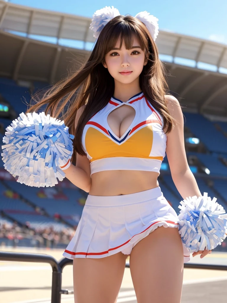masterpiece,Highest quality,Very detailed,High resolution,(Realistic,photoRealistic:1.37),Excellent anatomy,One beautiful woman,18-year-old,height:152 cm,White Cheerleader,(Holding big pom-poms in both hands:1.5),A small smile,cheer leading,Cheerleader uniform,(shape),Micro Pleated Mini Skirt,No underwear,((Very delicate and beautiful)),((Stadium Background:1.2)),Brown Hair,Long Hair,bangs,Very beautiful face,Cute type,Big Natural Color Lip,Small and cute nose,Big and pretty eyes,Brown eyes,Obvious double,Shiny highlight spots around the eyes,Character Focus,Tilt your head,The best light,Best Shadow,mysterious,Perfect Face,Very detailed,Soft Skin,(Glowing Skin,Sweaty:1.2),Beautiful legs,Voluptuous thighs,Plump body,Huge breasts,(Expresses the roundness and softness of the chest area..........1),Beautiful body,(Perfect Woman),Lift your legs,Skirt flip,Bold sexy pose,((cheer dance pose))