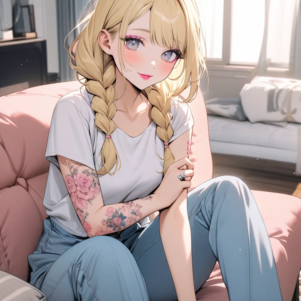 Fashionable blonde woman, no bangs, aura of happiness and tranquility, made up, with pink lipstick, pink eyeliner, a ring, blue pants, a tattoo on her arm, gray eyes, with braids, sitting in her living room