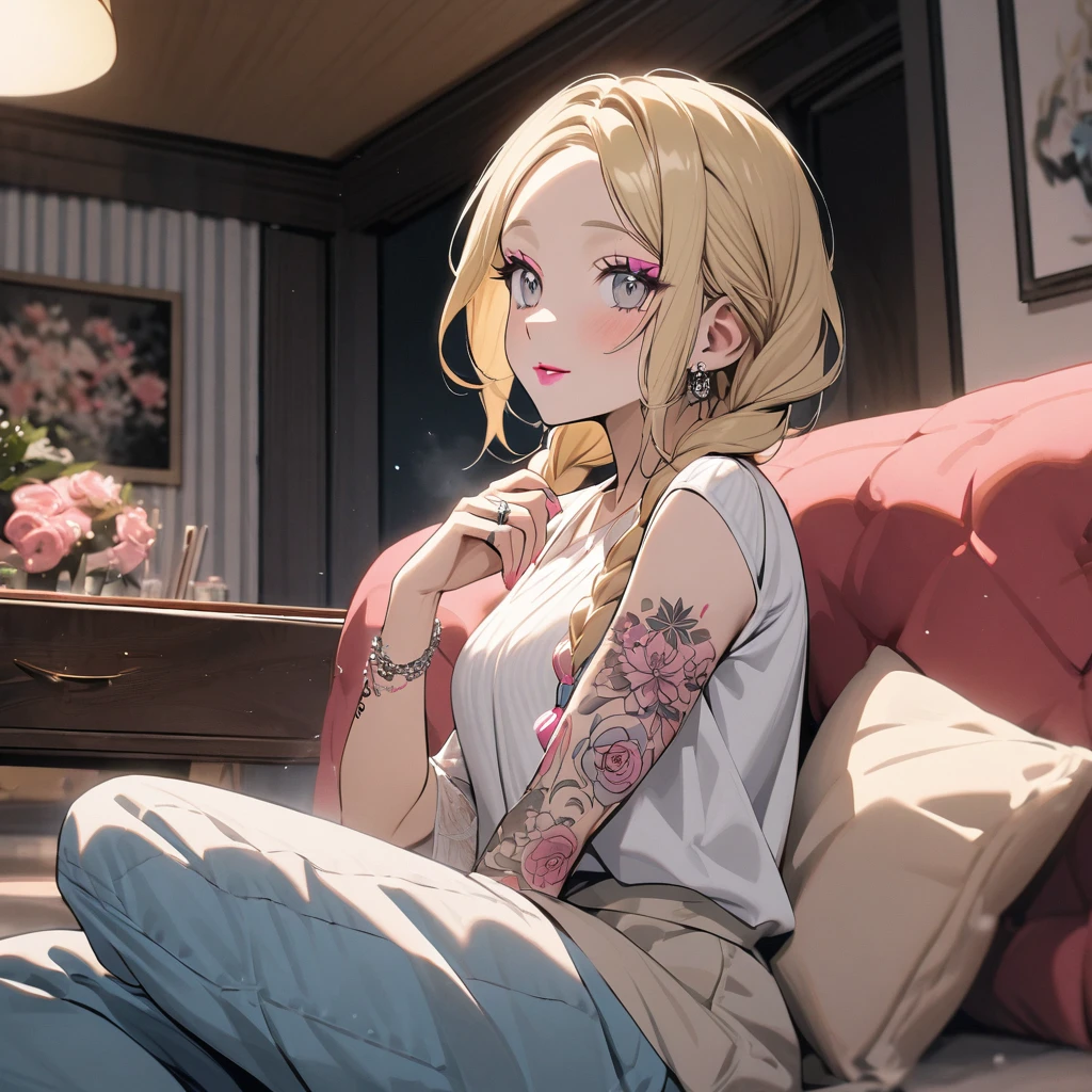 Fashionable blonde woman, no bangs, aura of happiness and tranquility, made up, with pink lipstick, pink eyeliner, a ring, blue pants, a tattoo on her arm, gray eyes, with braids, sitting in her living room