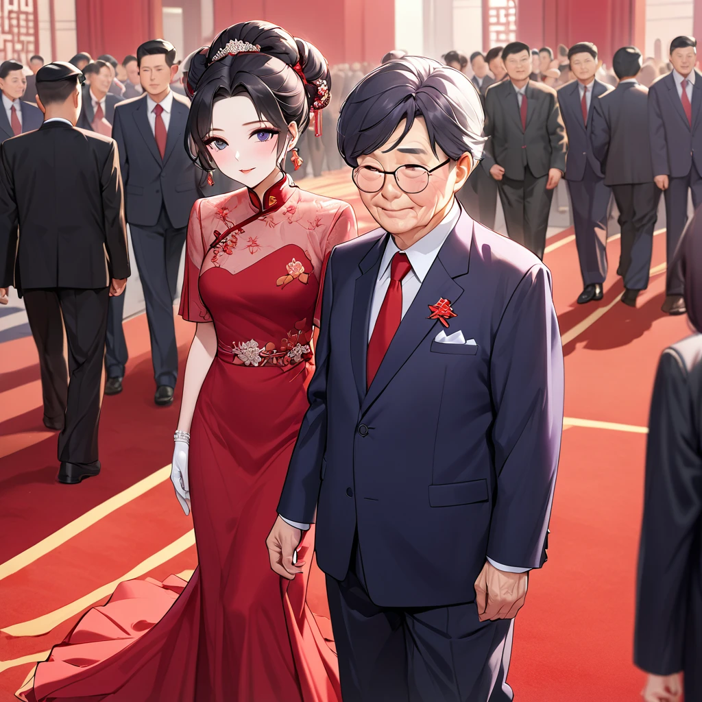 ((Highest quality)), ((masterpiece)), (detailed), (Perfect Face)、The woman is a Chinese woman named Kocho Shinobu.。, Purple gradient bob black hair and formal evening hairstyles. She is wearing an engagement ring. She is a prominent member of the Chinese Communist Party.、She is the wife of a great old Communist Party official.、The woman is beautifully dressed in a gorgeous and glamorous red wedding dress typical of the Chinese Communist Party.、She walked side by side with a dignified elderly Communist Party official down the red carpet aisle in a loving wedding ceremony.。A loving Chinese Communist couple