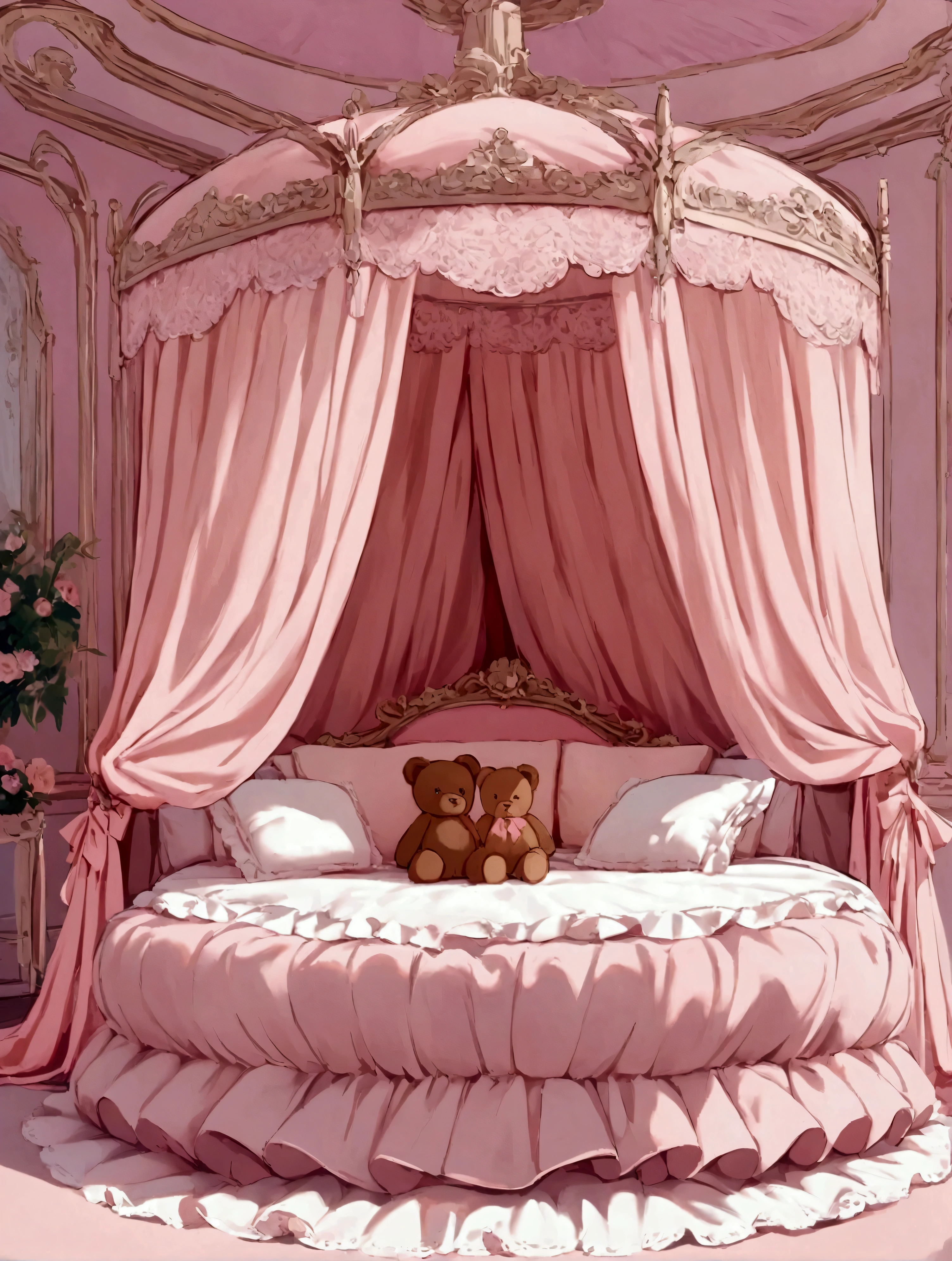 Pastel Pink,pastel colour,Light purple,Cute room,Canopy bed,Teddy bear,Ribbon,Pink floor,background