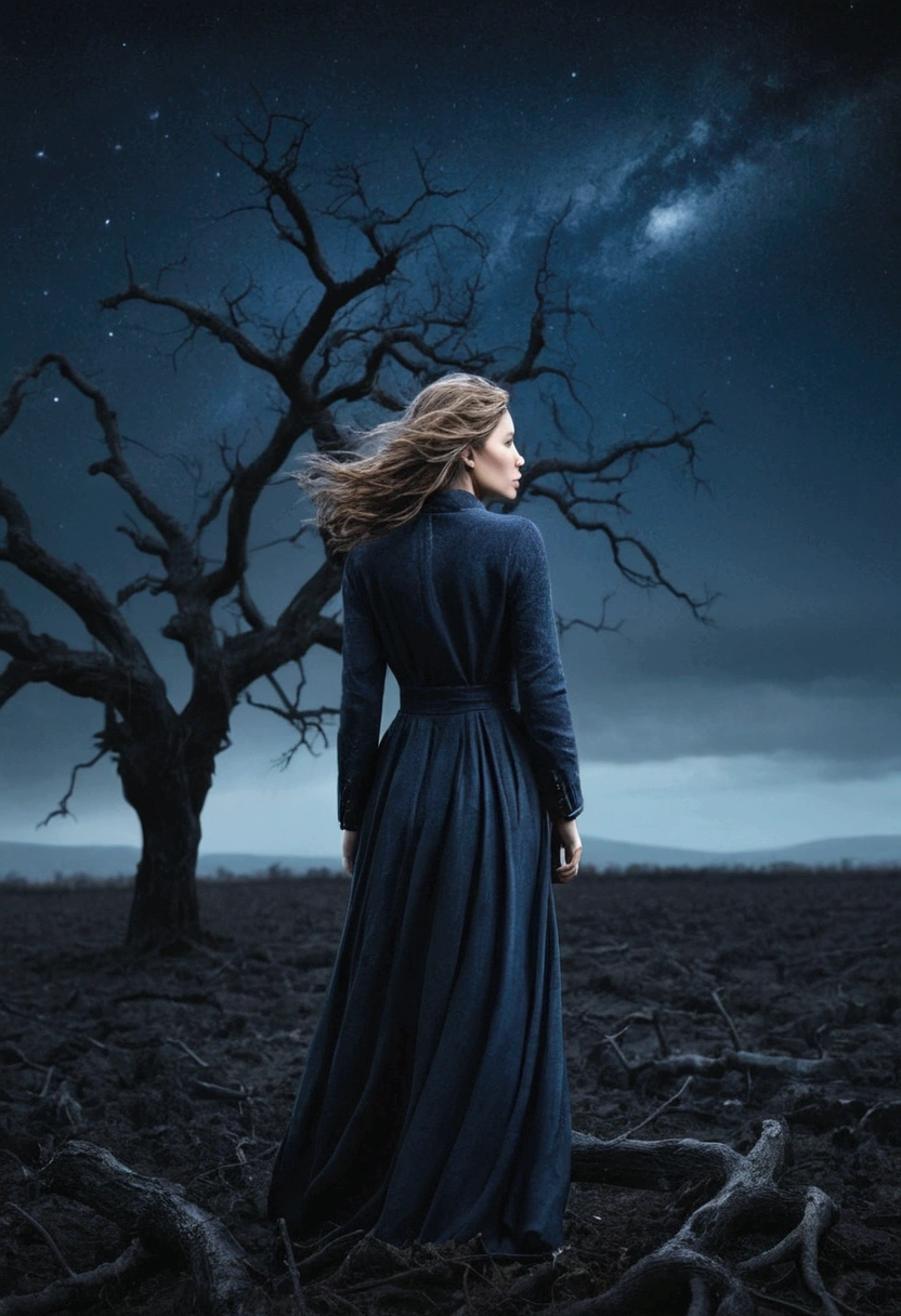 Create an 8K portrait of a woman standing in a vast, dark field under a night sky. The woman, depicted with an expression of despair and solitude, is standing with her back to the viewer, her clothing fluttering in the strong wind. The background should include a solitary, withered tree struggling against the wind. Use dominant colors of black, gray, and dark blue to enhance the somber and dramatic mood. Pay attention to fine details in the texture of the woman's clothing and the tree's remaining leaves