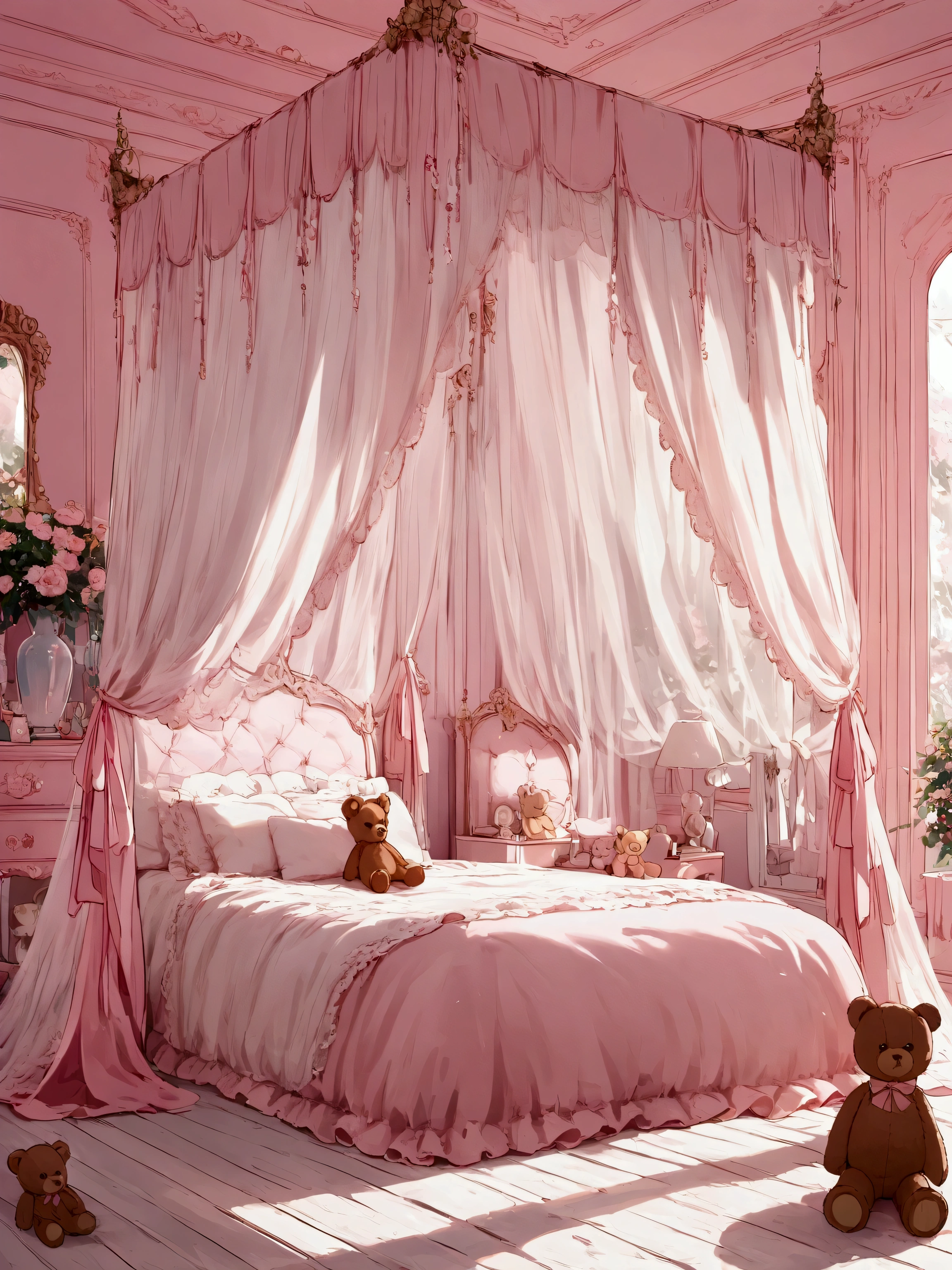 Pastel Pink,pastel colour,Light purple,Cute room,Canopy bed,Teddy bear,Ribbon,Pink floor,background