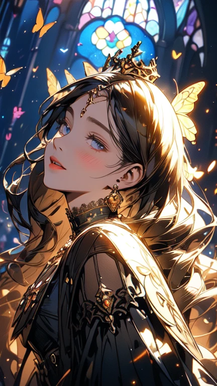 (masterpiece, best quality, double ultra-detailed, best shadow), (detailed background,dark fantasy), (handsome detailed face), high contrast, (best illumination, an extremely delicate and beautiful), ((cinematic light)), colorful, hyper detail, dramatic light, intricate details, the queen of the light,detailed face,detailed eyes, dressed in a see-through dress, background is fantastic, flower garden, dome, colorful flowers, magical atmosphere, whimsical architecture, sunlight streaming through stained glass, butterflies dancing in the air, sparkling water fountains, lush greenery, vibrant colors, surreal landscape [best quality, highres], dreamlike scenery, ethereal beauty, soft lighting, enchanting ambience, dynamic angle