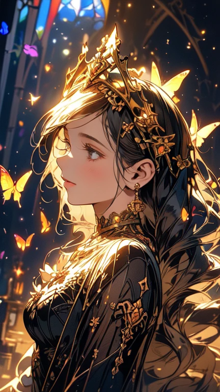(masterpiece, best quality, double ultra-detailed, best shadow), (detailed background,dark fantasy), (handsome detailed face), high contrast, (best illumination, an extremely delicate and beautiful), ((cinematic light)), colorful, hyper detail, dramatic light, intricate details, the queen of the light,detailed face,detailed eyes, dressed in a see-through dress, background is fantastic, flower garden, dome, colorful flowers, magical atmosphere, whimsical architecture, sunlight streaming through stained glass, butterflies dancing in the air, sparkling water fountains, lush greenery, vibrant colors, surreal landscape [best quality, highres], dreamlike scenery, ethereal beauty, soft lighting, enchanting ambience, dynamic angle