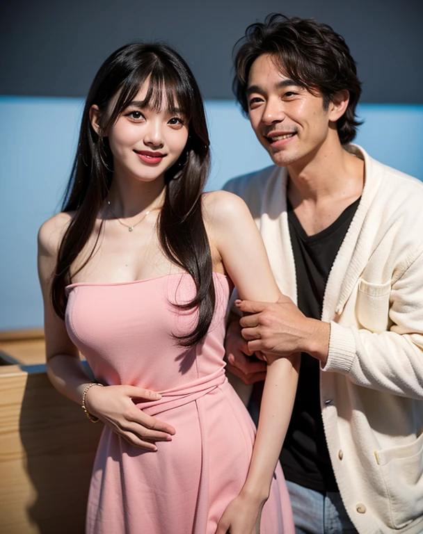 16 years old girl, black hair long hair with bangs, cute smile, have messy hair, wearing mini pink dress, with black man professor her bf ((grab her waist)) 
