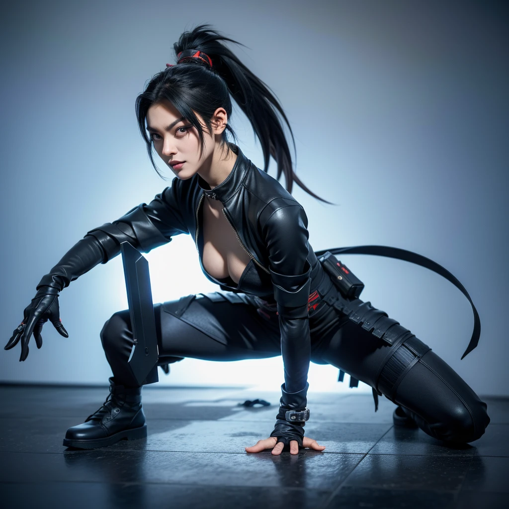 arafed ninja kneeling on the ground with a knife in his hand, female assassin, beautiful female assassin, female rouge assassin, goth ninja, ninja outfit, cyberpunk assassin, mk ninja, mystic ninja, badass pose, inspired by Leng Mei, an edgy assassin, very beautiful cyberpunk samurai, assassin, portrait ninja gaiden girl, katana zero video game character