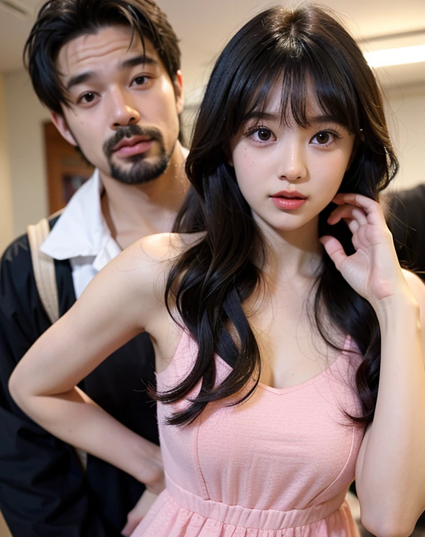 girl, black hair long hair with bangs, cute face, have messy hair, wearing mini pink dress, with black man professor her bf
