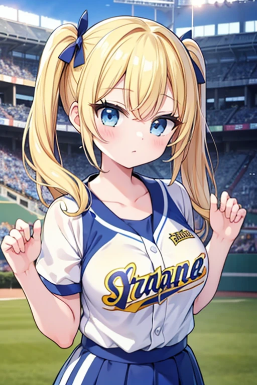 Highest quality,masterpiece,Blonde with blue eyes、Cheerleader,(HANSHIN koshien BaseballStadium1.1),Be in the audience,Beautiful breasts、Twin tails、Girl&#39;s cute eyes,,jumping,under boob,enjoy,