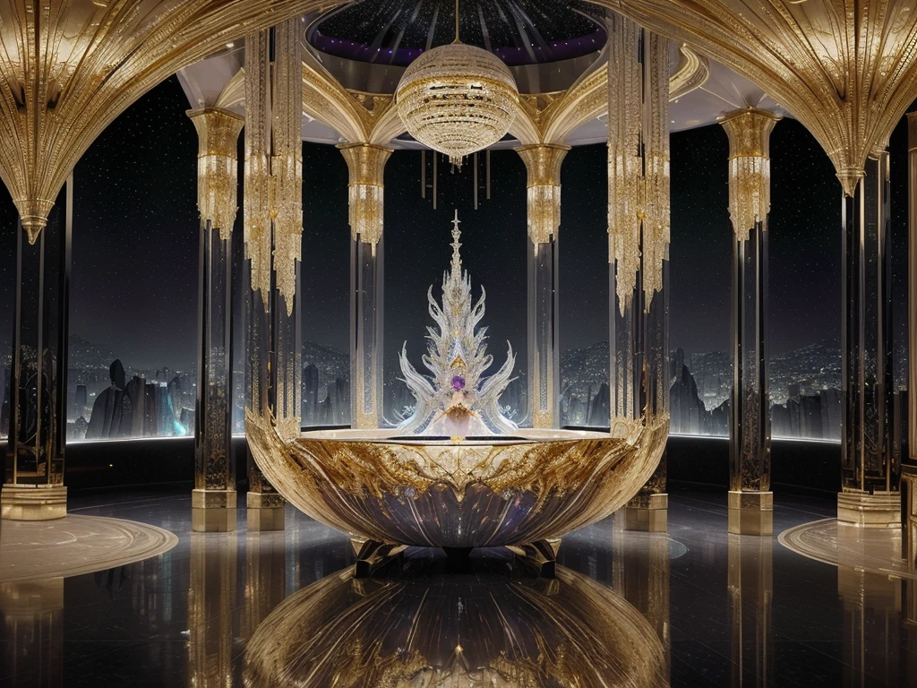 Bathed in shimmering hues of silver and gold, an otherworldly opulent moon module gleams with extravagance and futuristic beauty. This stunning painting captures the essence of a space station adorned with intricate crystal-like structures, reflecting light in a mesmerizing display. The image, created with meticulous detail and expert craftsmanship, transports viewers to a world of luxury and wonder, where technology and elegance intertwine in a captivating visual feast.