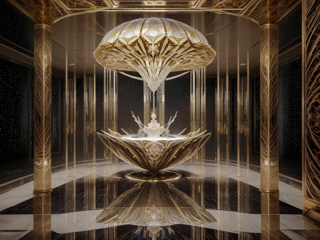 Bathed in shimmering hues of silver and gold, an otherworldly opulent moon module gleams with extravagance and futuristic beauty. This stunning painting captures the essence of a space station adorned with intricate crystal-like structures, reflecting light in a mesmerizing display. The image, created with meticulous detail and expert craftsmanship, transports viewers to a world of luxury and wonder, where technology and elegance intertwine in a captivating visual feast.