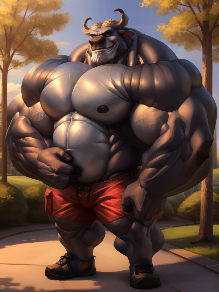 Solo, 1boy, perfect anatomy, perfect proportion, (chief bogo, police shorts, park), topless, Shirtless, perfect center, sharp eyes, big eyes, peaceful, eyes, (smile, happiness), calm, perfect fingers, big hand, fingers. Huge Muscular Old man with short hair, shoes, (cargo shorts), view from side, pectoral, thick arms, huge pectoral, wide pectoral, white hair, white beards, simple background, masterpiece, semirealistic:1.2, high detailed, 8k, high resolution, perfect center, full view. ((really big muscle, massive muscular, sixpack, thick arms, wide pectoral, super huge muscle, hyper muscular, over sized muscle, huge arms, big arms, huge pectoral))