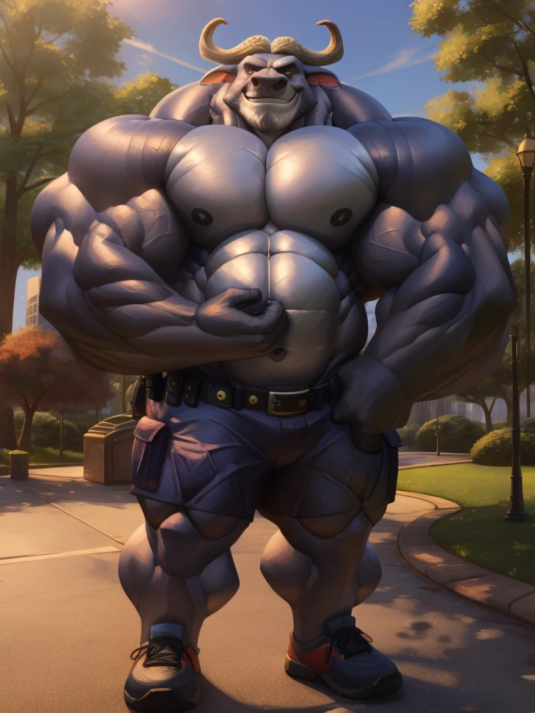Solo, 1boy, perfect anatomy, perfect proportion, (chief bogo, police shorts, park), topless, Shirtless, perfect center, sharp eyes, big eyes, peaceful, eyes, (smile, happiness), calm, perfect fingers, big hand, fingers. Huge Muscular Old man with short hair, shoes, (cargo shorts), view from side, pectoral, thick arms, huge pectoral, wide pectoral, white hair, white beards, simple background, masterpiece, semirealistic:1.2, high detailed, 8k, high resolution, perfect center, full view. ((really big muscle, massive muscular, sixpack, thick arms, wide pectoral, super huge muscle, hyper muscular, over sized muscle, huge arms, big arms, huge pectoral))