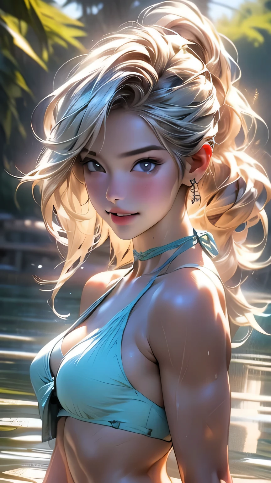 One girl, high school girl、(((Pastel blue bikini set))), Summer clothes、Wet and transparent、(ponytail)、I can see your belly、cute, wonderful, Beautiful attention to detail, Iris, (Black Hair), In detail, Depth of written boundary, Highly detailed CG, original, Highly detailed wallpaper, View your viewers, Detailed face, Cleavage, (Big Tits, Hard nipples)、Toned Abs, White skin, Realistic、(Cinema Lighting)、Detail emphasis, Beautiful lighting、((Pastel blue bikini set))), Wet and transparent, ((In the park after the rain))、Summer sunset、Realistic park、masterpiece, 最high quality, high quality, High resolution、 ((smile)), smileで、(Upper body portrait))), ((Random pose))、(Blonde Hair),