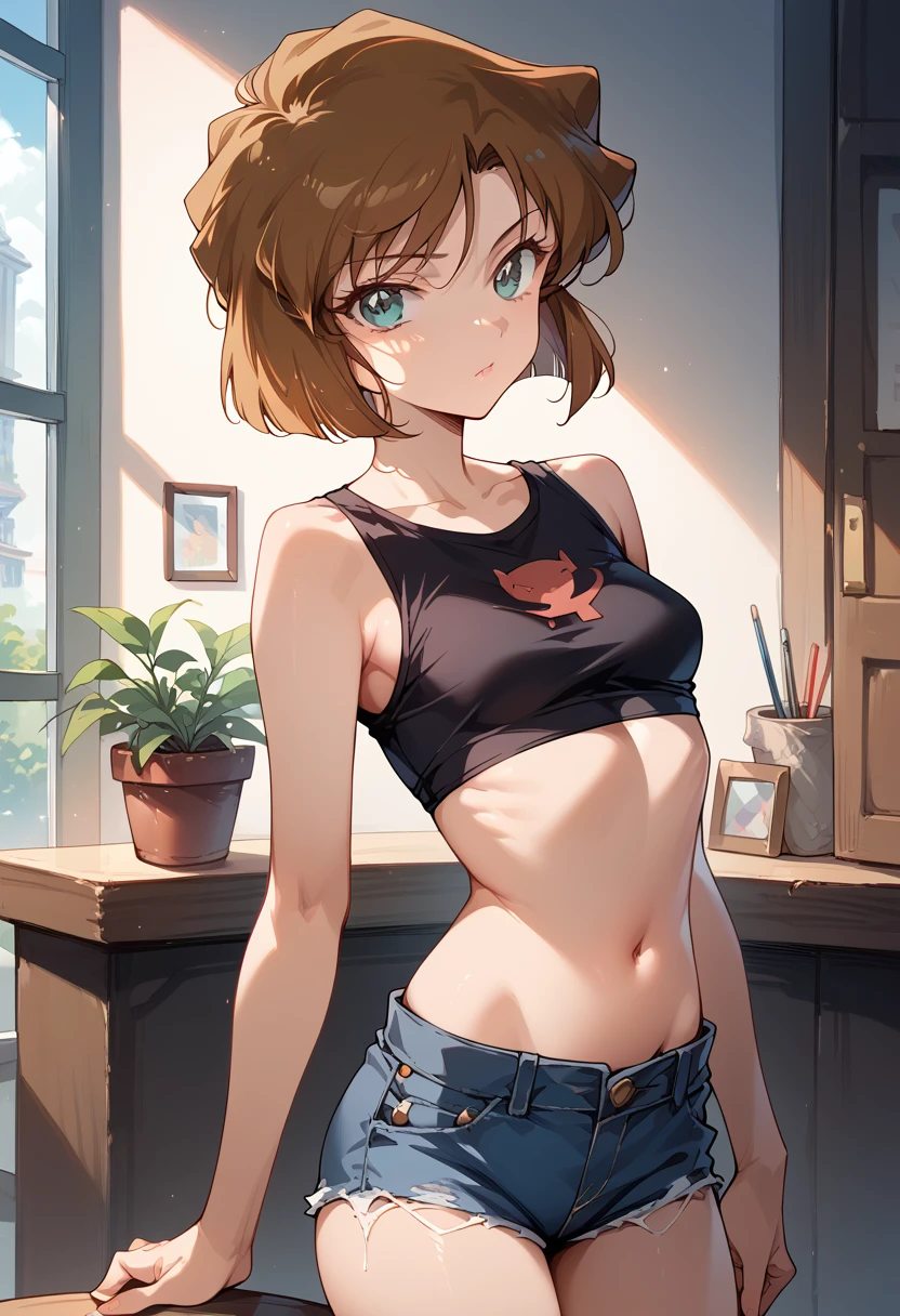 masterpiece,High resolution,Highest quality,8k(Detective Conan,ai haibara)
(***************,,Small breasts,Short,Brown Hair,short hair)
(Black crop top,Denim shorts,Belly button)