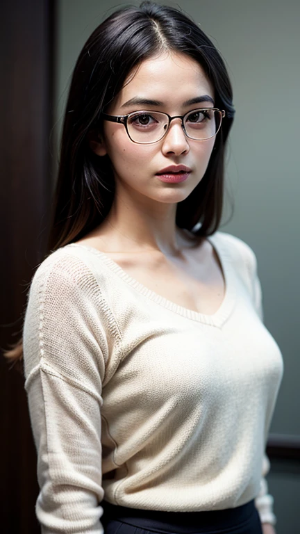 (masterpiece:1.2, highest quality), (Realistic, photoRealistic:1.4), Beautiful illustrations, (Natural Side Lighting, Cinema Lighting), Written boundary depth, Beautiful thighs staring at the viewer, (((Face Focus, Upper Body))), 1 female, 30-year-old, alone, thin, slender, small breasts!!!, Long Hair, Curly Hair, Forehead, Forehead, Forehead, Forehead, thin, slender, glasses, whiite sweater, jeans, Are standing, ((Close-up)), ((Close-up)), ((Close-up))