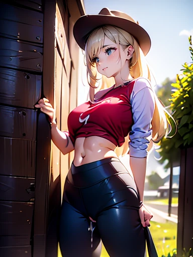 AppleJack, AppleJack from my little pony, AppleJack in the form of a girl, long hair, Wild hair, cowboy hat, apple earrings, on a farm with apple trees, steampunk style, a lot of magic, lightning nets, best quality, very detailed, ultra 8k resolution, (cum on clothes:1.5), , Cyberpunk. 1girl, female, sozinho, background with buildings far away, avenida, luzes vermelhas, Preto e branco (melhor qualidade), (realista,fotorrealista:1,37), (obra prima), linda garota, middlebreasts, top vermelho, black legging pants, (cum on leggings:1.4), blush, humiliated, nsfw, ((girl masturbation)), abs, hand in pants, masturbation, orgasm, female orgasm, grabbing tits