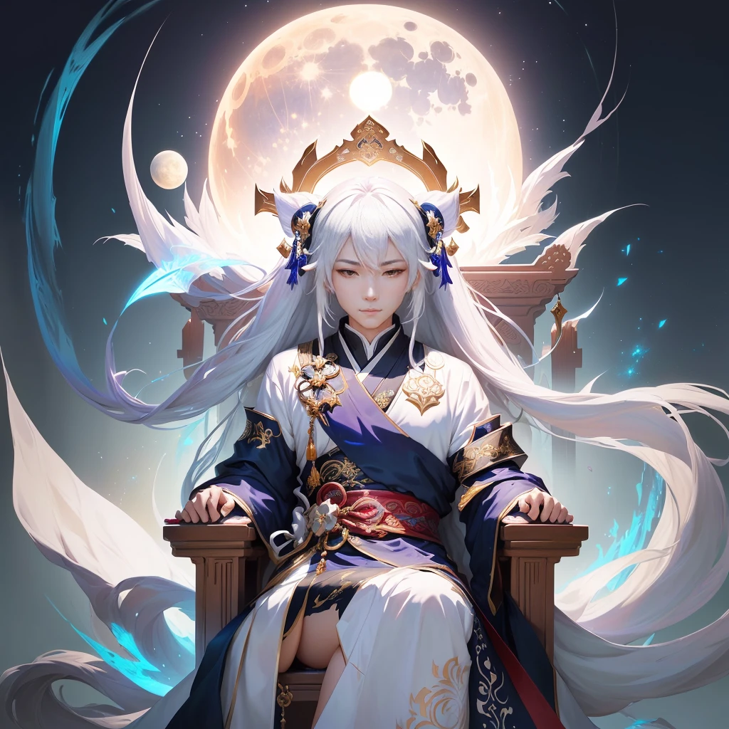 Alafud image display，A man sitting on a throne，The background is a round of moon, Luna, White-haired deity, wlop 和 ross tran, author：Yang J, Ross Tran 和 Bayard Wu, flowing white robe, ross tran 和 wlop, Peter Moore. Unreal Engine, Ross Tran and Michael Whelan, Onmyoji detailed art