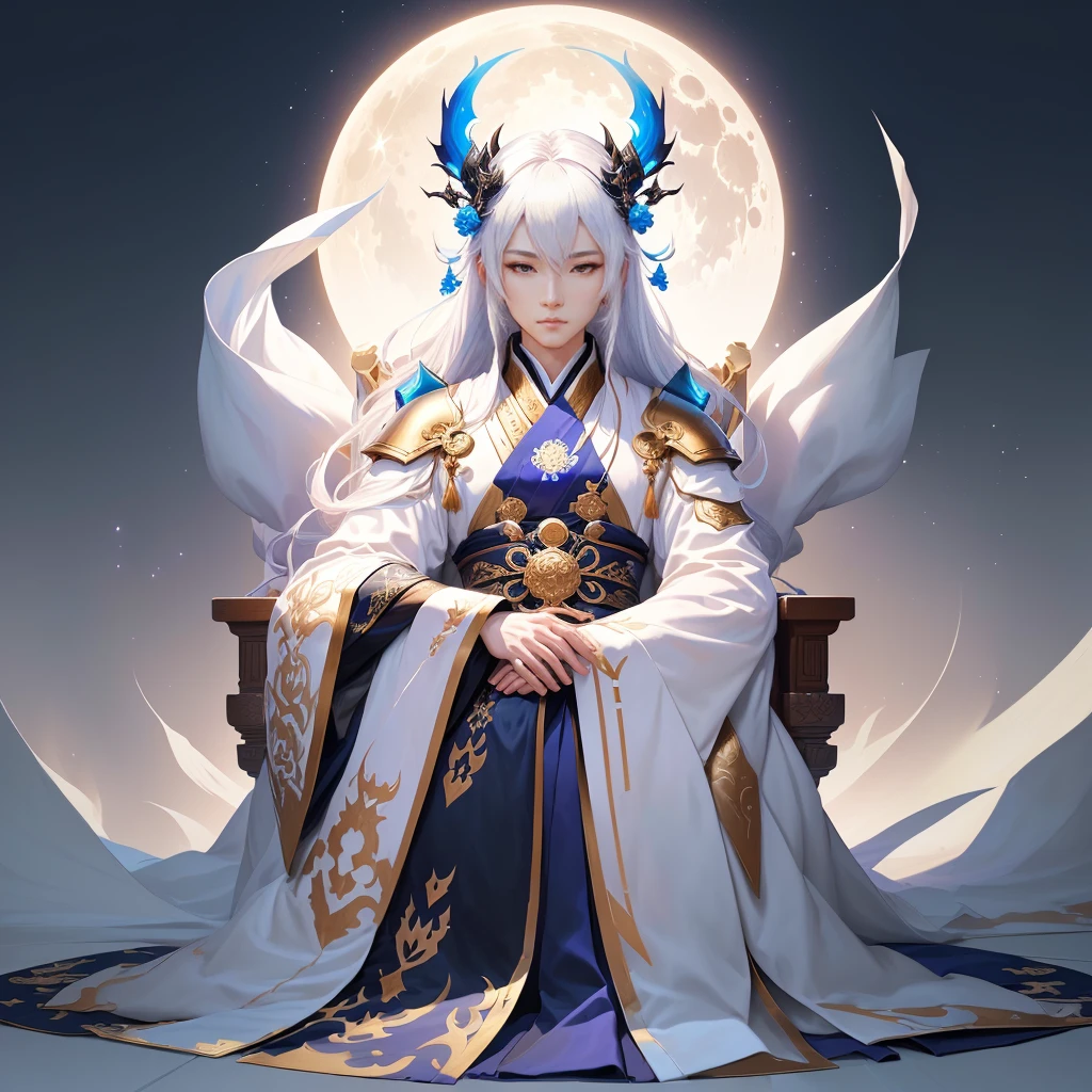 Alafud image display,A man sitting on a throne,The background is a round of moon, Luna, White-haired deity, wlop 和 ross tran, author:Yang J, Ross Tran 和 Bayard Wu, flowing white robe, ross tran 和 wlop, Peter Moore. Unreal Engine, Ross Tran and Michael Whelan, Onmyoji detailed art