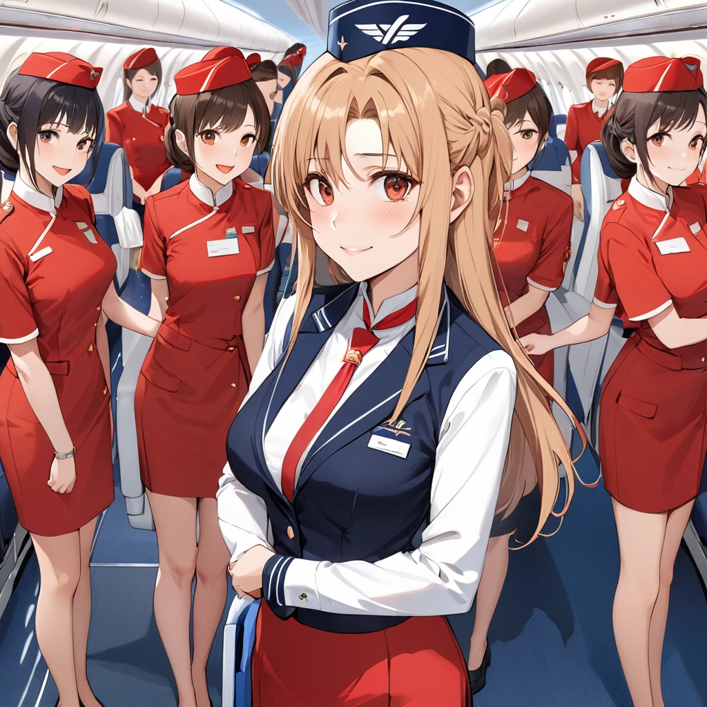 ((Highest quality)), ((masterpiece)), (detailed), (Perfect Face)、The woman is Yuuki Asuna, a flight attendant for Shandong Airlines, a Chinese woman with light brown, medium-long hair.、The woman is wearing a red Shandong Airlines flight attendant uniform, a uniform scarf and a uniform hat.、She is wearing the bright red uniform that is so typical of China.、Flight attendants were photographed gathering in a line.