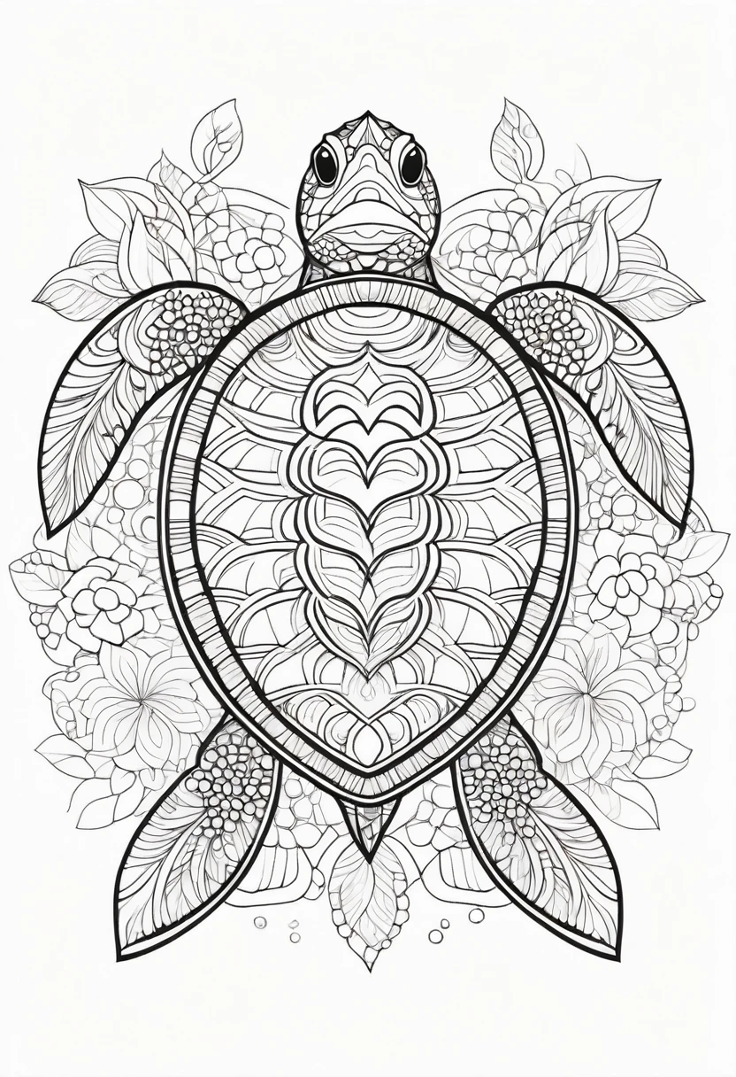 Impressive black and white line art coloring page designed for adults with white background, A cute and majestic turtle in a mandala style , The turtles are decorated with intricate patterns, including flowers and geometric shapes., A fascinating and detailed work of art. The figure focuses on crisp,Clean lines and bold outlines, No shading or color, Fantasy, Magic, Mysterious, Unusual, Wavy line, Realistic line drawing, Coloring page , Noiseless, Sharp thick lines, Sketch Art, Centered Image, Isolated on a white background, Allowing users to bring their own unique vibrancy to their creations. Minimalist design, Thick lines and lack of background detail, Calm your mind、We create engaging coloring experiences for adults looking for creative activity.. figure
