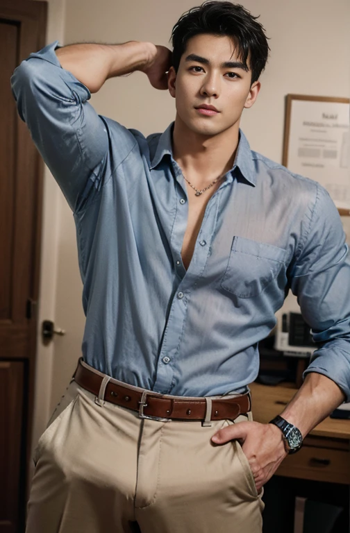 Asian man, 30years old, Handsome and elegant, Wearing a uniform, sexy , Masculine and handsome,musculous,Muscles look good,hairy bodies, with fair skin, 黑The eye(thin eyes 1:3), Full body photo,(ultra-detailed, photorealistic, best quality, 4k, 8k, highres, masterpiece:1.3), a mature man, charming and distinguished , (muscular build body), wearing tailored dress shirt, with the top button casually undone, perfectly fitted charcoal trousers , sweat, unbutton buttons shirt, lewd face ,tight chest, sex,See-through shirt, erotic, horny, look straight, Accessories include a luxury wristwatch, understated cufflinks, and a simple yet elegant leather belt, in the Classroom,looking at viewer,muscle veins,